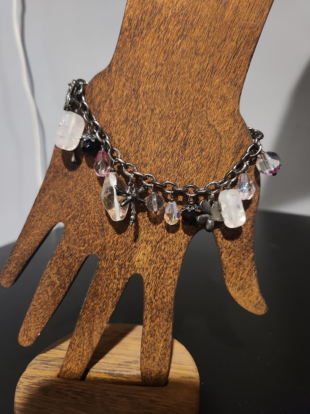 Silver Charm Bracelet with Clear and Purple Beads - Women Jewelry
